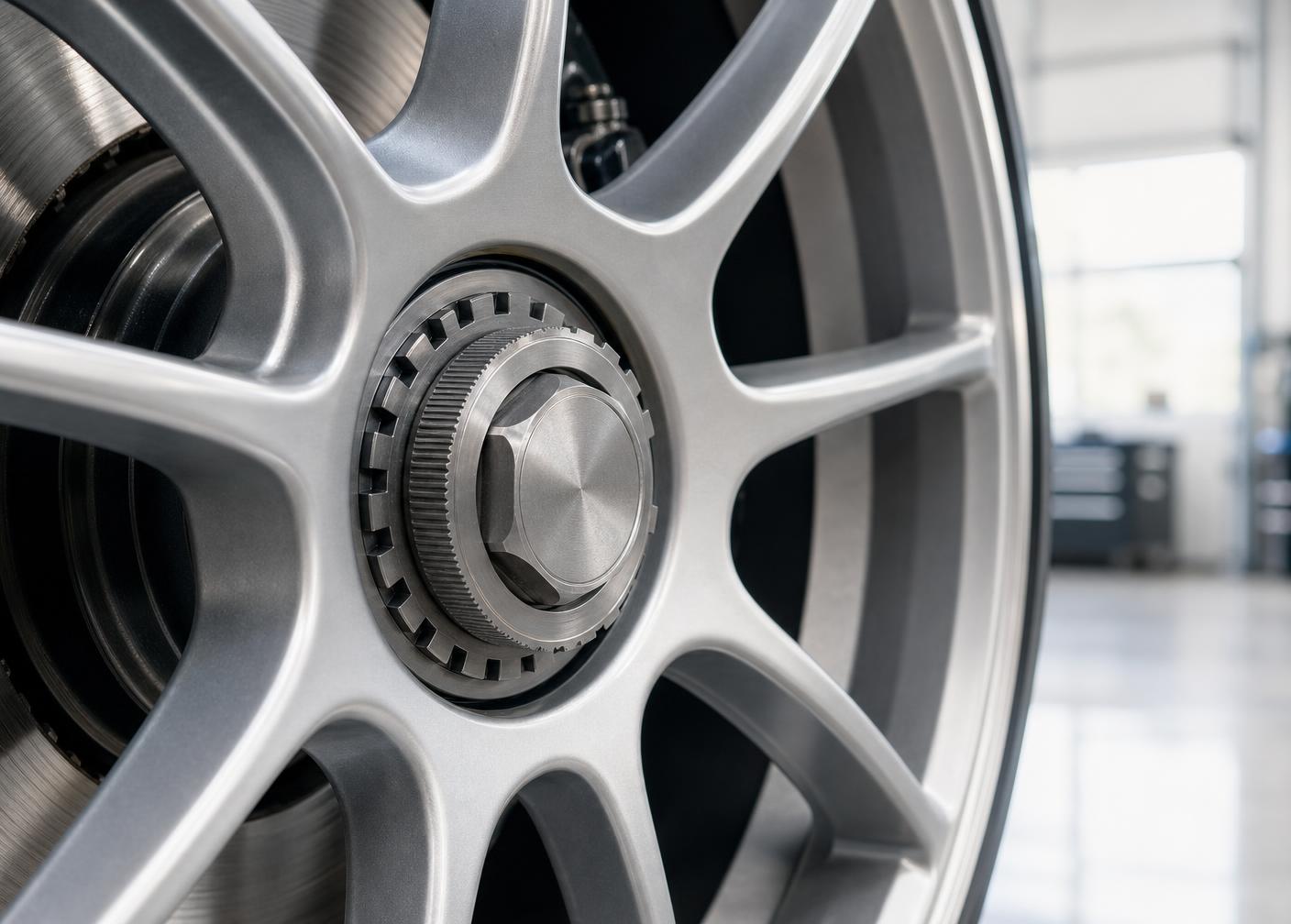 Close-up of a single central hub nut securing a silver performance wheel