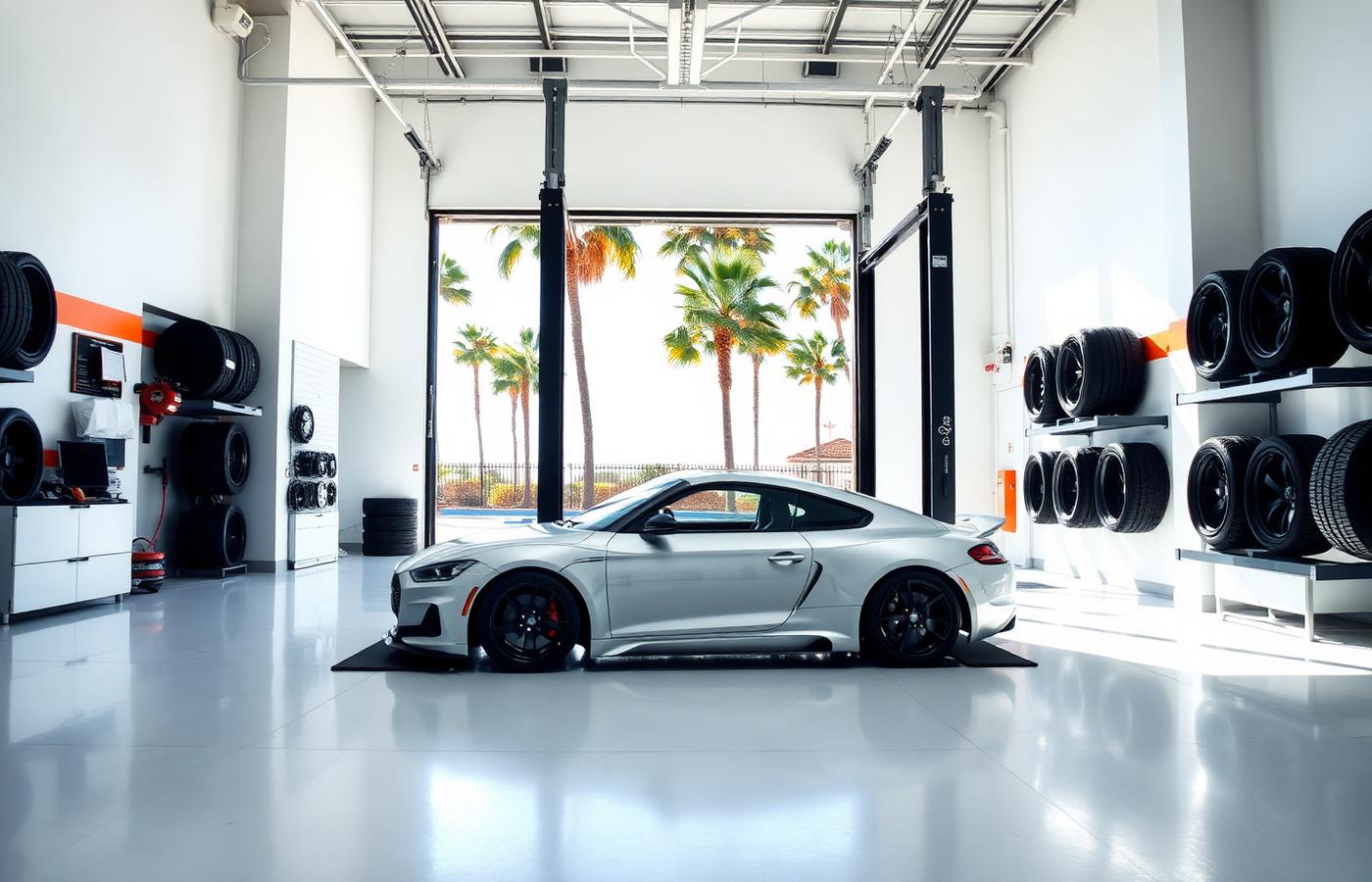 Bright Los Angeles tire and wheel shop with a performance car on a lift
