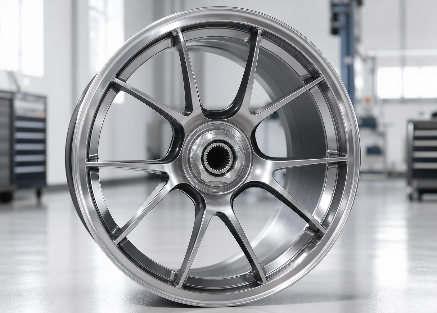 Close-up of a performance vehicle wheel secured by a single center-lock hub nut