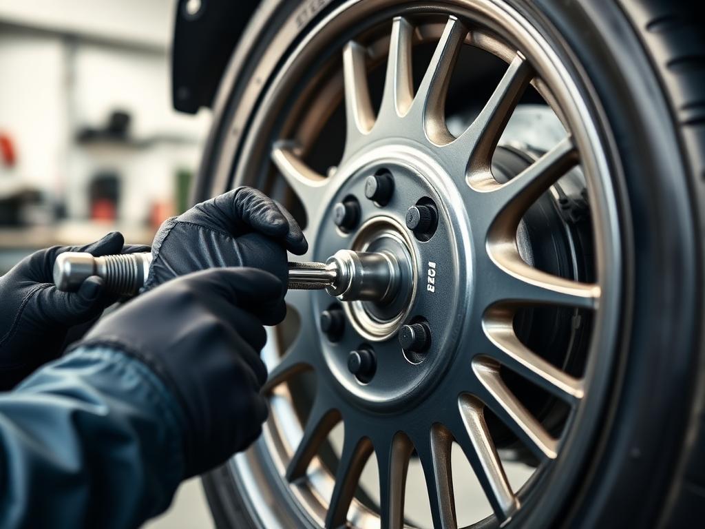 Gloved technician torquing the single center hub nut of a performance wheel