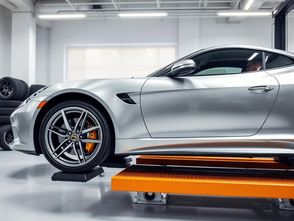 Silver performance car raised on a lift inside a bright tire and wheel shop